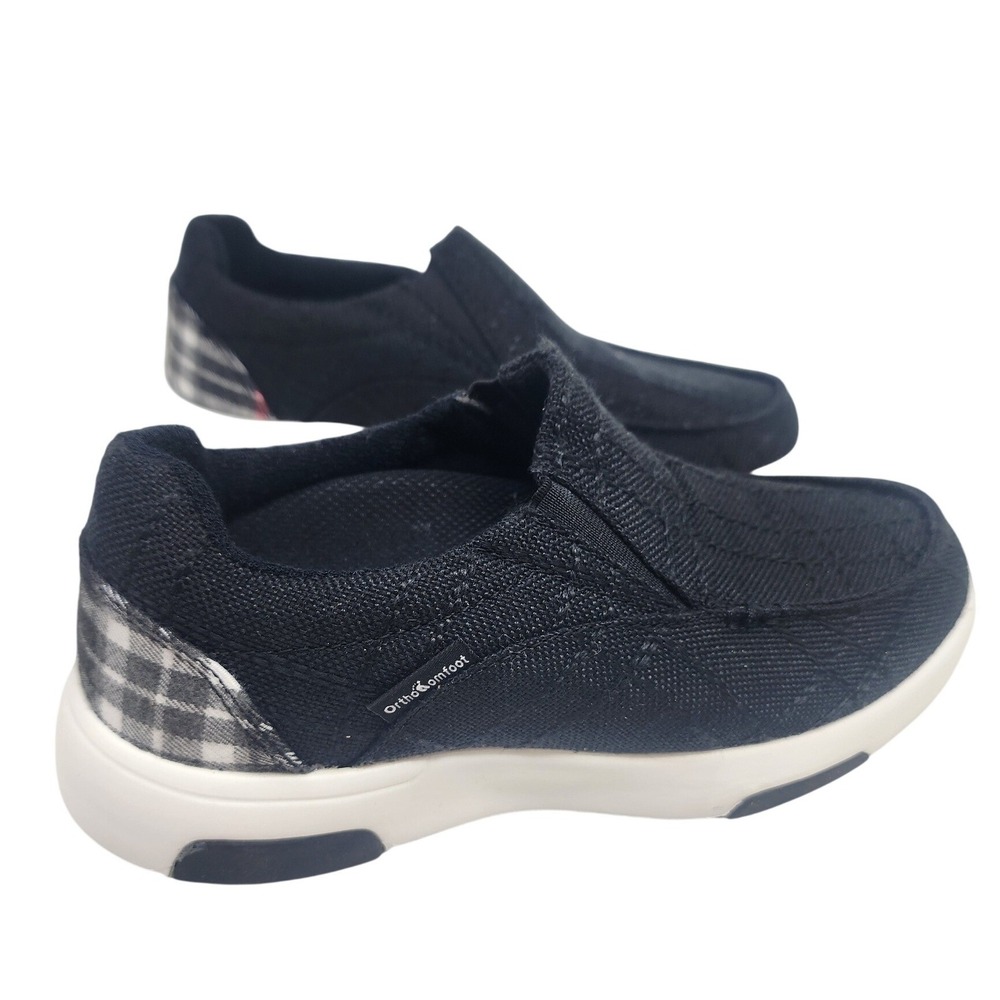 OrthoComfoot Womens Black Canvas Slip On Walking Shoes Plaid Heel Size 7 NEW